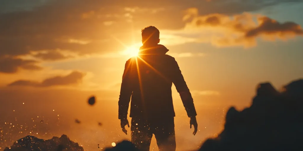 A man silhouetted by a golden sunrise, symbolizing introspection, self-awareness, and the quest for meaning in Sunday born personalities