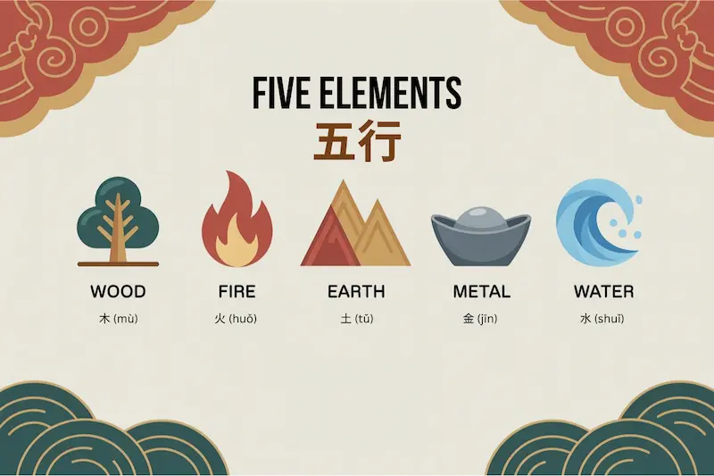 five elements, wood, fire, metal, water, earth elements